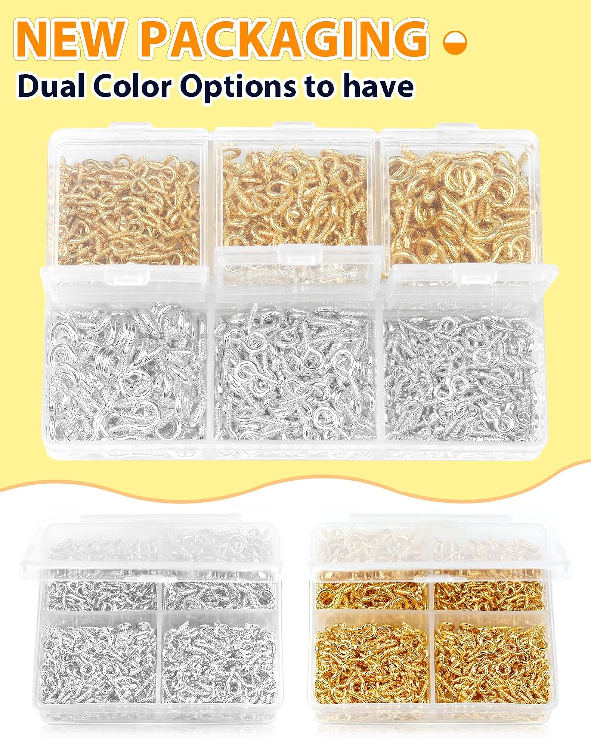 KAQ 400pcs Small Eye Pins for Jewelry Making & DIY Crafts, Mini Eyelet Screws for Art Projects & Bead Charms, Tiny Eye Hooks for Crafts (Gold color& Silver color, 3 Sizes)
