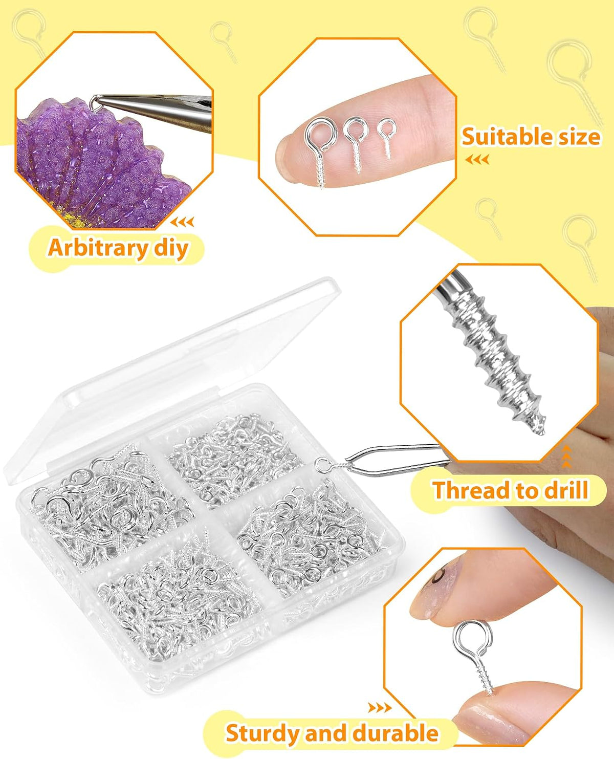 KAQ 400pcs Small Eye Pins for Jewelry Making & DIY Crafts, Mini Eyelet Screws for Art Projects & Bead Charms, Tiny Eye Hooks for Crafts (Gold color& Silver color, 3 Sizes)